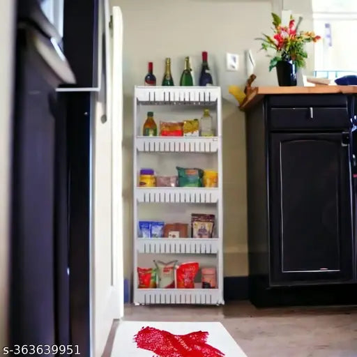 White 5-tier slim storage rack, wheeled, in kitchen