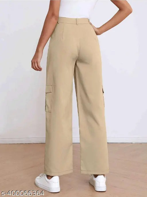 Casual cotton lycra women's straight-fit trousers, light beige color