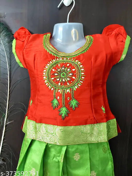 Banaras Silk embellished Pattu Pavada for Kids, traditional Indian party wear silk lehenga with zari border