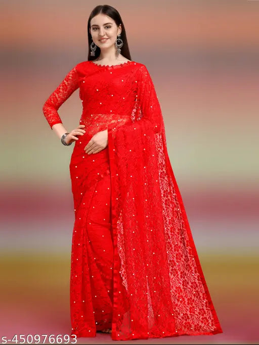 Attractive net saree with embellished solid blouse, single free size, Indian origin