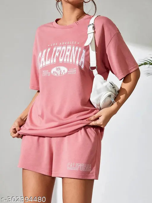 Oversized cotton co-ord set for daily wear, night suit, gym wear, featuring printed tshirts and shorts in multiple sizes from S to XXL. Indian made women's fashionable coord set for comfortable regular wear