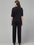 Cotton blend relaxed fit coord and trouser set for women, solid colors, three-quarter sleeves