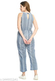 Sky blue & white striped crepe jumpsuit with multicolor print, sleeveless, keyhole neck, and knotted detail - fashion women's style from India (size: S/34", M/36", L/38", XL/40")