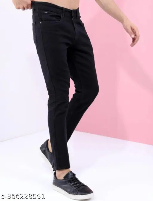 MOD Men Plain Black Jeans U23HD, cotton blend solid black men's jeans on hanger, size options available from 28 to 36