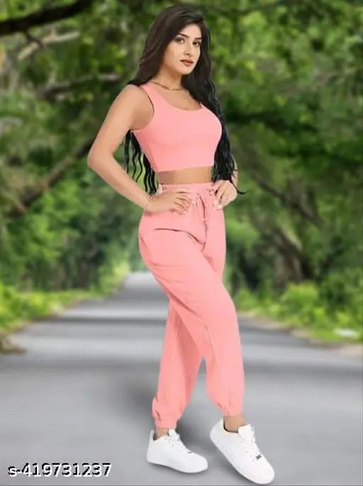 Solid stretchable fabric jumpsuit - Elegant top for college girls. Perfect for summer wear with cargo pockets and drawstring pants