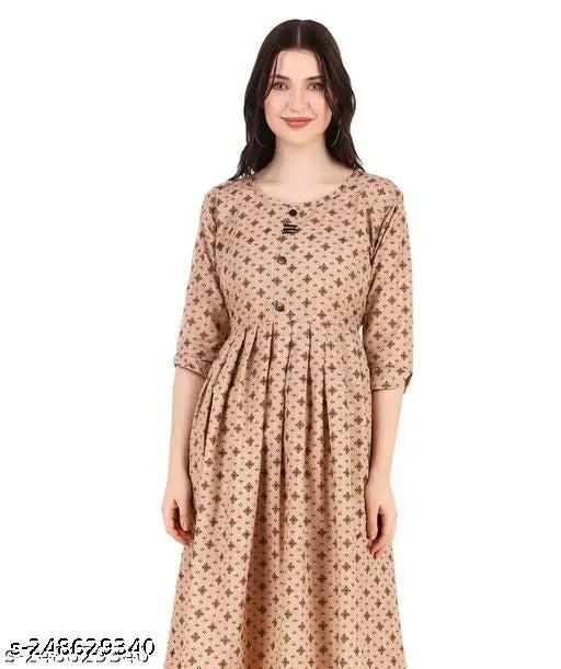 Designer cotton frock, three-quarter sleeve, printed combo, size S-4XL. Close-up image of the Indian designer dress on a hanger