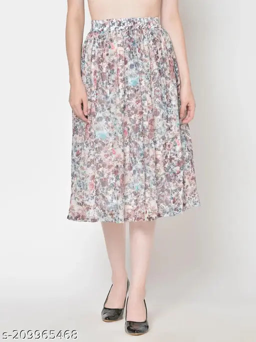 Multicolor chiffon flared midi skirt with printed net pattern and elasticated waistband, size 26