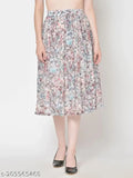 Multicolor chiffon flared midi skirt with printed net pattern and elasticated waistband, size 26