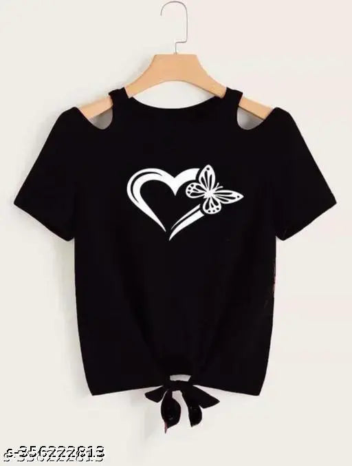 Black lycra short sleeves top with shoulder heart and printed net butterfly design, size S (bust 32in, length 18in)