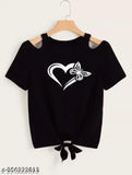 Black lycra short sleeves top with shoulder heart and printed net butterfly design, size S (bust 32in, length 18in)