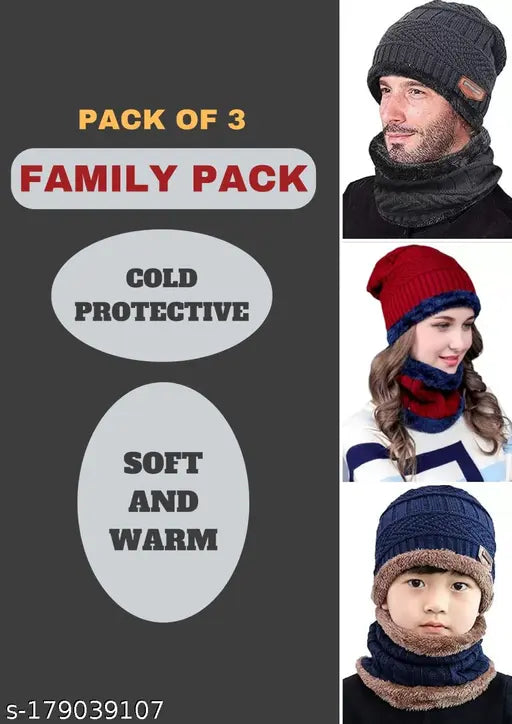 Woolen family winter cap combo (3pc) with neck warmers - ultra soft, unisex beanie hats & muffler scarves for Autumn-Winter season in India
