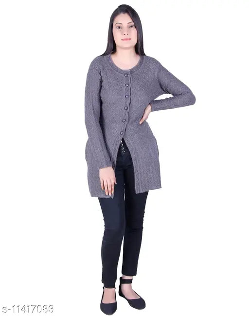 Acrylic camel-colored long sleeve women's cardigan by Ogarti, self-designed knitted pattern, size M, XL, XXL (M: 18in bust, 30in length, 17in waist; XL: 20in bust, 30in length, 19in waist; XXL: 21in bust, 30in length, 20in waist)