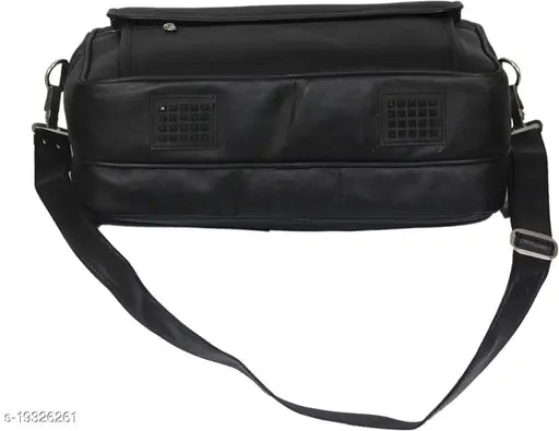 A black, leather messenger bag with multiple pockets and compartments for men