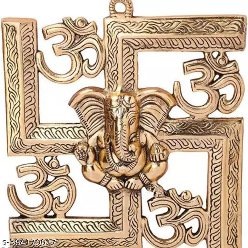 Brass Lord Ganesha on Om Swastik wall hanging, Indian decorative antique art for home or office