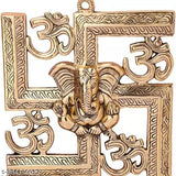 Brass Lord Ganesha on Om Swastik wall hanging, Indian decorative antique art for home or office