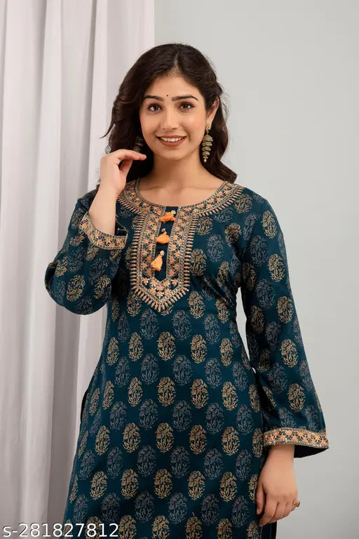 Rayon Kurta Set with Palazzos, Printed Floral Embroidery on Blue Viscose Fabric - Indian fashion for women
