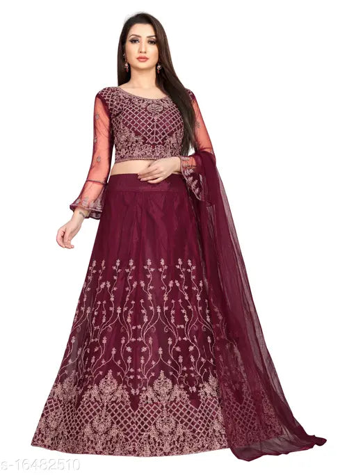 Maroon embroidered nylon net flared lehenga with unstitched blouse, Indian wedding wear on display stand