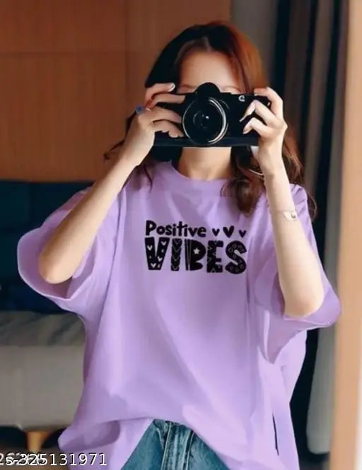 Purple cotton oversized crew neck T-shirt for women