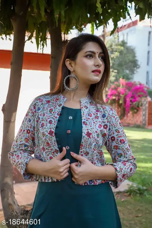 Rayon printed long kurti set with jacket, trendy Aishani Drishya style, Indian ethnic fashion