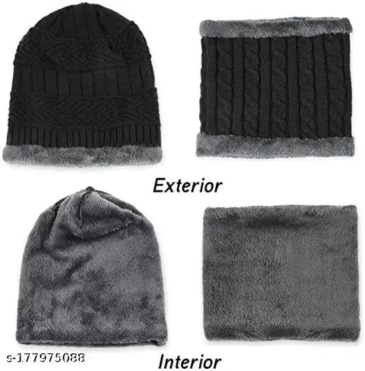 Woolen unisex beanie cap & neck warmer, warm & cozy winter accessory - Criss-cross basket weave design, Indian origin
