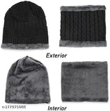 Woolen unisex beanie cap & neck warmer, warm & cozy winter accessory - Criss-cross basket weave design, Indian origin