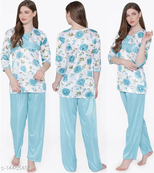 Floral print satin nightsuit set, free size. Luxurious comfort women's pyjamas in satin fabric