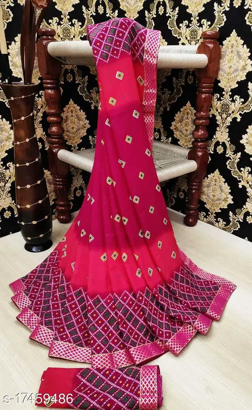 Pink and gold georgette saree with intricate bandhani print