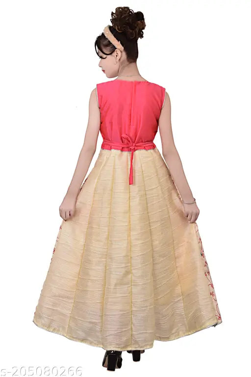Silk sleeveless embroidered net ethnic gown by Stylus Girls for kids aged 5-7 years, Indian origin