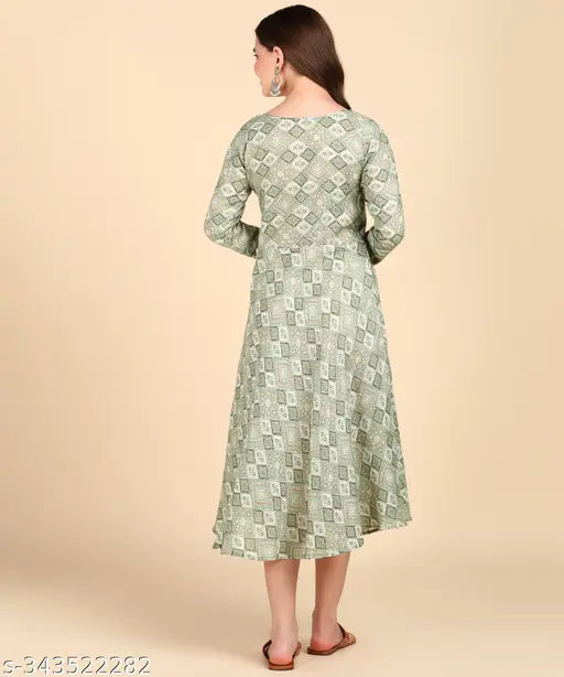 Women's cotton blend printed anarkali kurti with short sleeves and straight hemline