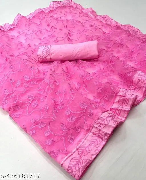 Net saree with all-over work and embellished border, free size, 5.5m length, soft silk blouse