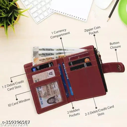 Solid PU Leather Small Wallet - 2 Compartments Credit Card Holder, Coin Purse, Zipper - Gift