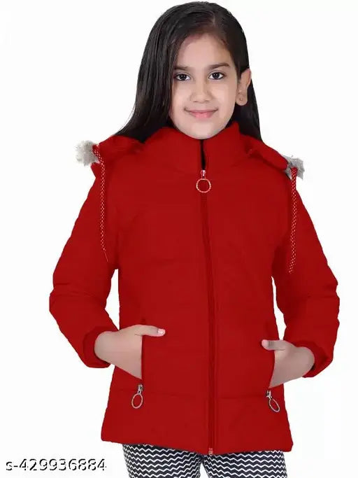 Red puffer style girls casual jacket with hood