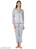 Grey elephant print satin nightsuit set for women, quirky lapel design with long sleeves and matching bottom, ultimate comfort and stylish sleepwear, made in India