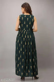 Printed rayon sleeveless JD Women's gown, vibrant pattern on a petite-sized model
