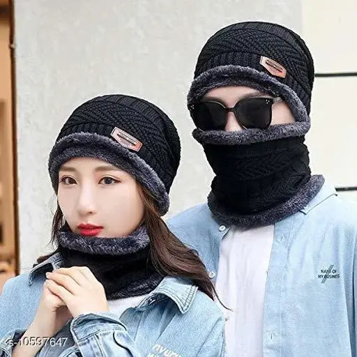 Black fur beanie cap, warm winter wear, soft material, inside fur, snow proof, one set one fur cap one scarf, for men women girls, free size