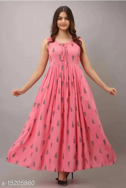 Pink rayon long kurta with anarkali design and a gathered waist