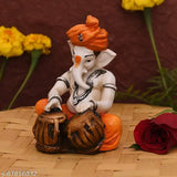 Resin Ganesh idol playing tabla, 9cm x 14cm x 7cm, Hindu music showpiece for home decor
