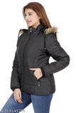 Solid polyester long sleeve women's winter jacket, quilted design with hoodie, India-made for cold weather comfort and style