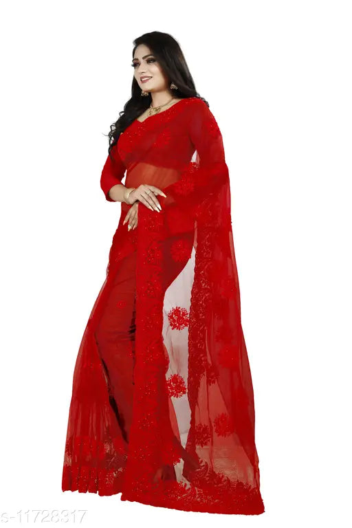 Attractive net saree with embroidered pattern, free size, made in India