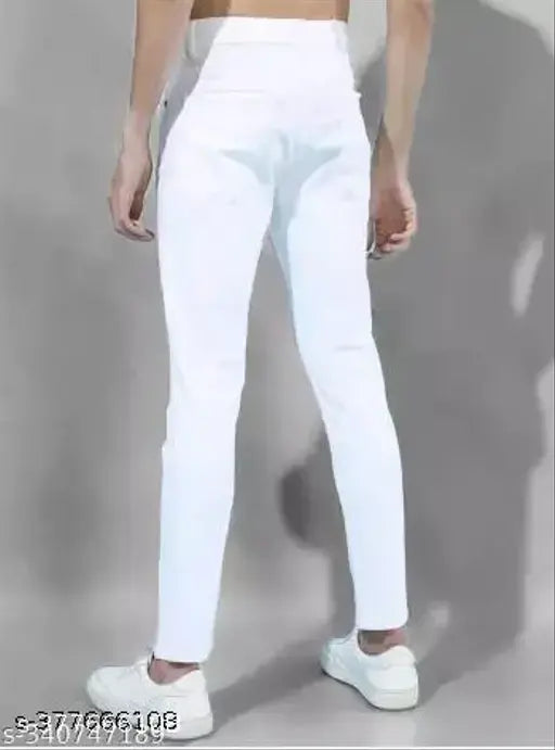 White denim monk jeans by Shriradhe Enterprises, solid pattern for men's fashion at any occasion. Men's jeans size 28, 30, 32, 34, or 36 (Waist: 28-38 in, Hip: 30-36 in). Made in India
