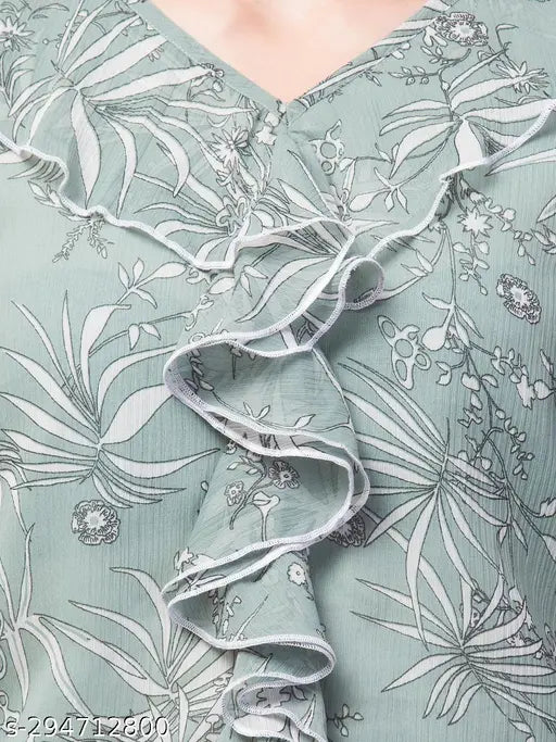 Olive green chiffon ruffle sleeve top, relaxed fit for women by Hive91