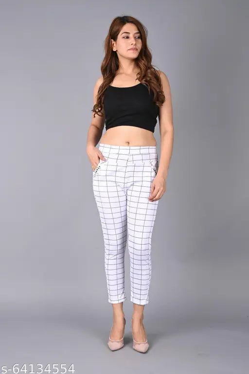 Cotton blend checked jeggings for women, elastic waistband, comfortable fit for casual wear or outings
