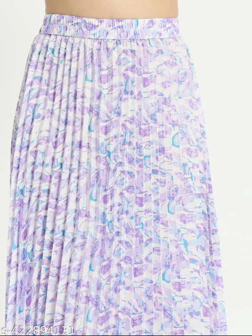 Trendy polka print crepe skirt, women's western wear, pleated and flared styles, stylish new designs - size 26-38 (waist 26-38in, length 32in, hip 26-38in) - India origin