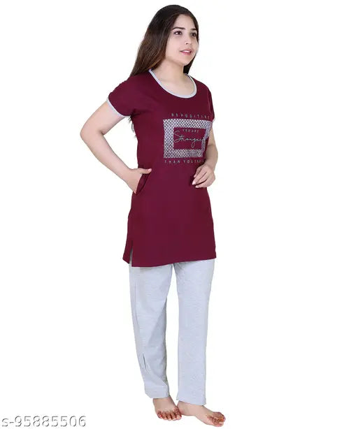 Printed cotton ladies night suit, short sleeves, XXL size with bust 45 in, length 35 in, hip 45 in, and length 38 in