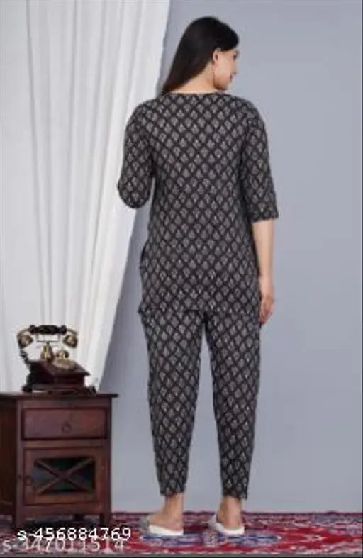 Black floral print cotton kameez with matching pants for women's formal wear
