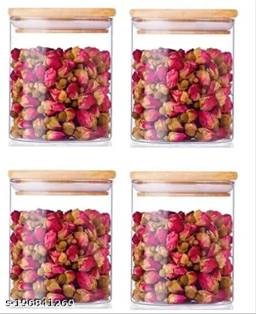 Transparent glass jar set with wooden lids, airtight, home and kitchen storage container, pack of 4, 700ml