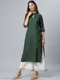 Rayon kurta set with palazzos, printed net design, three-quarter sleeves. Indian women's fashion, classy rayon fabric