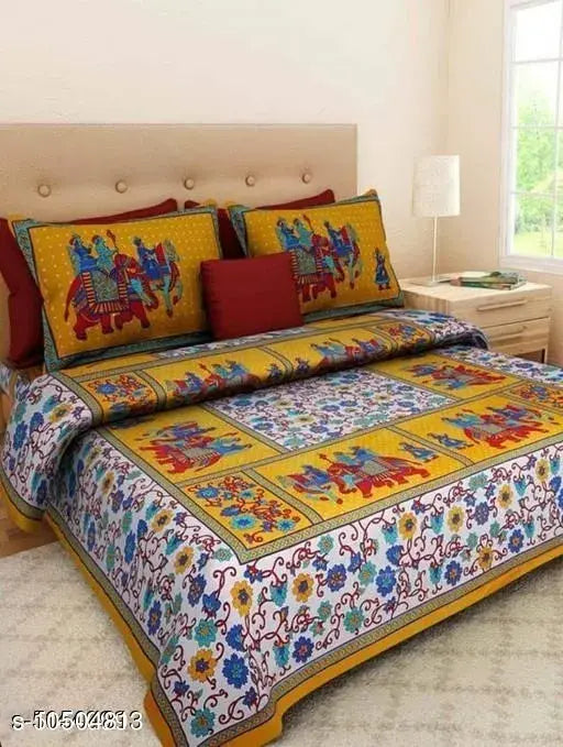 Cotton printed queen double bed sheet with 2 pillow covers, 144 thread count, Indian origin