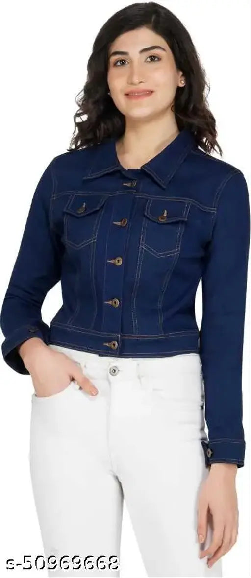 Dark blue denim full sleeve women's jacket by Saman Fashion Wear, trending solid style with three-quarter sleeves