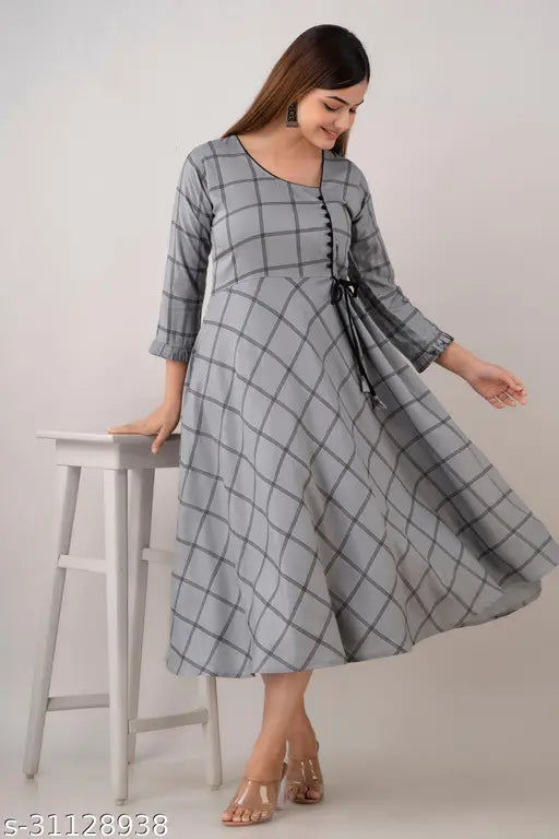 Grey rayon check kurti for women's party wear, long sleeves, formal and casual options available. Indian-made, suitable for events, team with accessories